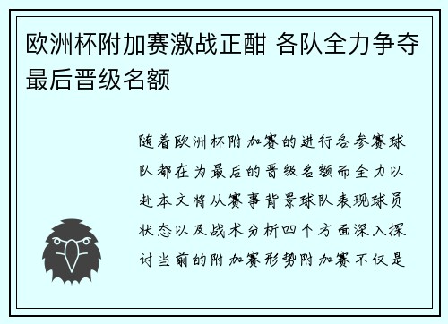 欧洲杯附加赛激战正酣 各队全力争夺最后晋级名额