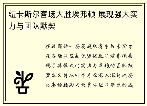 纽卡斯尔客场大胜埃弗顿 展现强大实力与团队默契